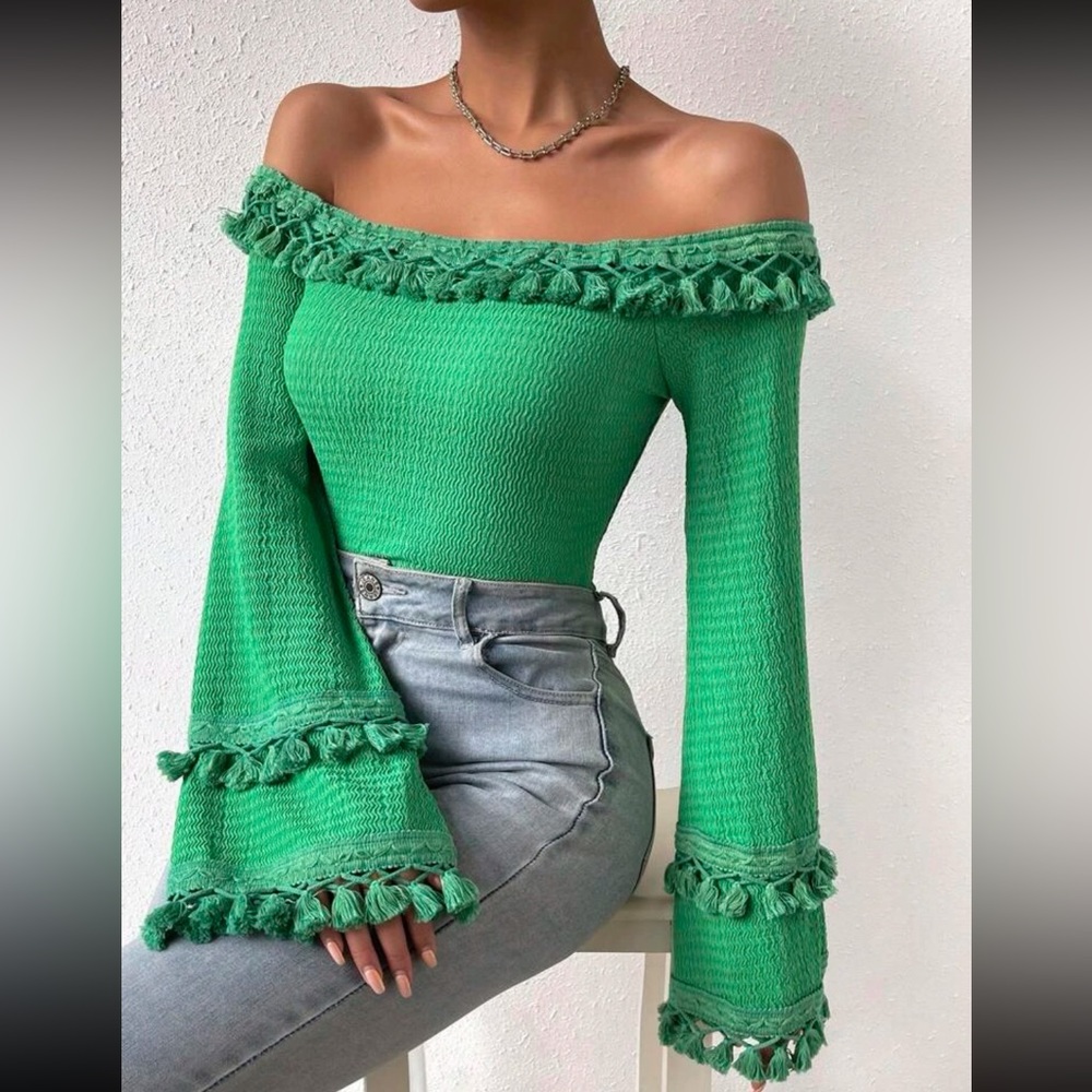 Boho Off Shoulder Flare Long Sleeve Fringe Tassel Cropped Top Blouse Shirt - Picture 5 of 7